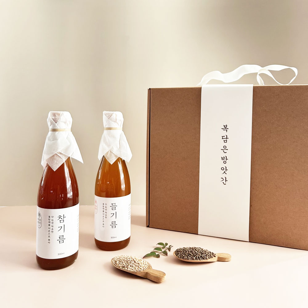 저온압착 국산 참기름+들기름 선물세트 大 300ml 2병, 포장포함