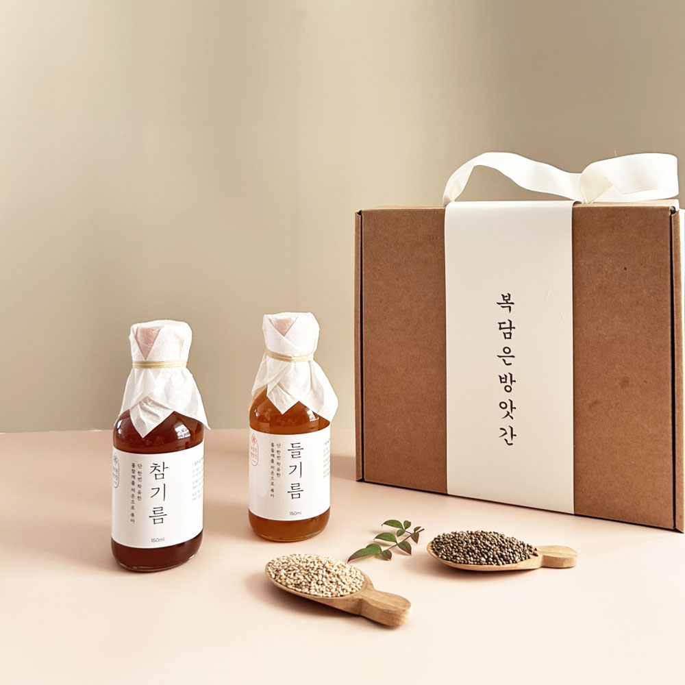 저온압착 국산 참기름+들기름 선물세트 小 150ml 2병, 포장포함